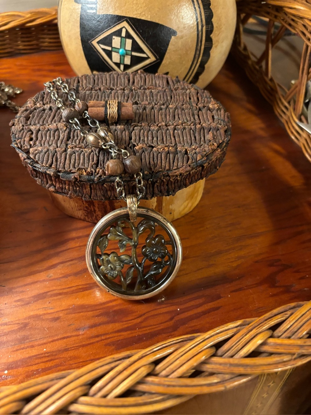 Bronze Floral Filigree Pendant Necklace -